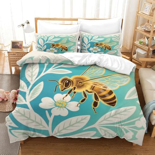 Biene Bettbezug-Set Weiche Mikrofaser 3-TLG. Bettwäsche Mit Biene Blumen-Design Mit Reißverschluss & Kopfkissenbezug Für Jugendliche Und Erwachsene Single（140x200cm） von WXLWHR