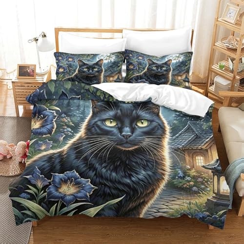 Black Katze Bettbezug-Set Weiche Mikrofaser 3-TLG. Bettwäsche Mit Schwarze Katze Blumen-Design Mit Reißverschluss & Kissenbezug Für Jugendliche Und Erwachsene Single（140x200cm） von WXLWHR
