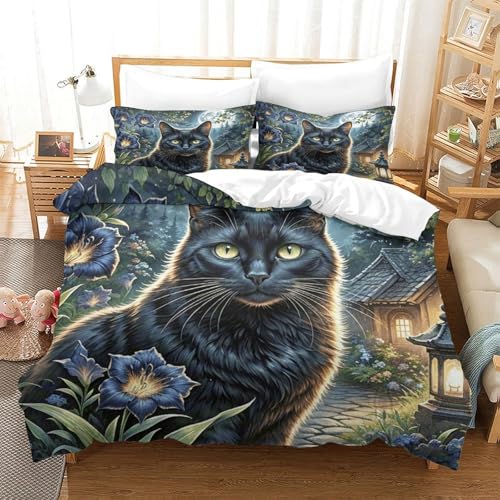 Black Katze Bettbezug-Set Weiche Mikrofaser 3-TLG. Bettwäsche Mit Schwarze Katze Blumen-Design Mit Reißverschluss & Kissenbezug Für Jugendliche Und Erwachsene Super King（260x220cm） von WXLWHR
