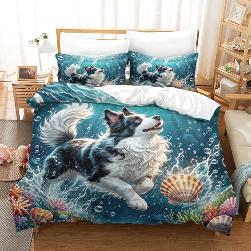 Border Collie Bettbezug-Set Weiche Mikrofaser 3-TLG. Bettwäsche Mit Border Collie Koralle-Design Mit Reißverschluss & Kissenbezüge Für Erwachsene Kinder Single（140x200cm） von WXLWHR
