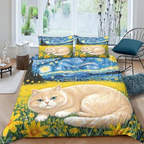 Britisch Kurzhaar Bettbezug-Set Weiche Mikrofaser 3 Teilige Bettwäsche Katze Blumenmeer-Design Mit Reißverschluss & Kissenbezüge Für Minderjährige Und Erwachsene Double（200x200cm） von WXLWHR