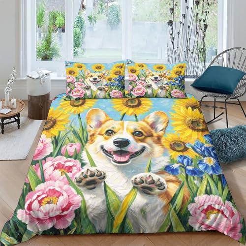 Corgi Bettbezug-Set Weiche Mikrofaser 3 Teilige Bettwäsche Corgi Blumen-Design Mit Reißverschluss & Kissenbezüge Für Junge Und Mädchen Double（200x200cm） von WXLWHR