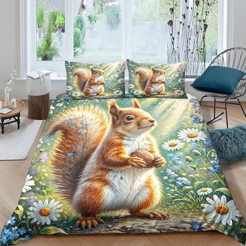 Eichhörnchen Bettbezug-Set Weiche Mikrofaser 3-TLG. Bettwäsche Mit Eichhörnchen Blumen-Design Mit Reißverschluss & Kopfkissenbezug Für Minderjährige Und Erwachsene King（220x240cm） von WXLWHR