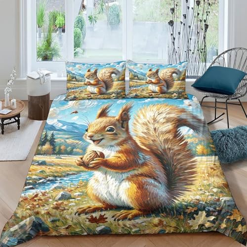 Eichhörnchen Bettbezug-Set Weiche Mikrofaser 3-TLG. Bettwäsche Mit Eichhörnchen Herbstgras-Design Mit Reißverschluss & Kopfkissenbezug Für Minderjährige Und Erwachsene King（220x240cm） von WXLWHR