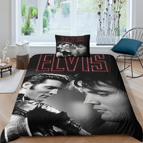 Elvis Presley Bettbezug-Set Weiche Mikrofaser Bettwäsche 3-TLG. Elvis Presley-Design Mit Reißverschluss & Kissenbezüge Für Jugendliche Und Erwachsene Single（135x200cm） von WXLWHR