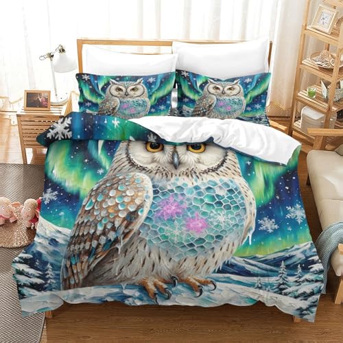 Eule Bettbezug-Set Weiche Mikrofaser 3 Teilige Bettwäsche Eule Polarlicht-Design Mit Reißverschluss & Kopfkissenbezug Für Jugendliche Und Erwachsene Single（140x200cm） von WXLWHR