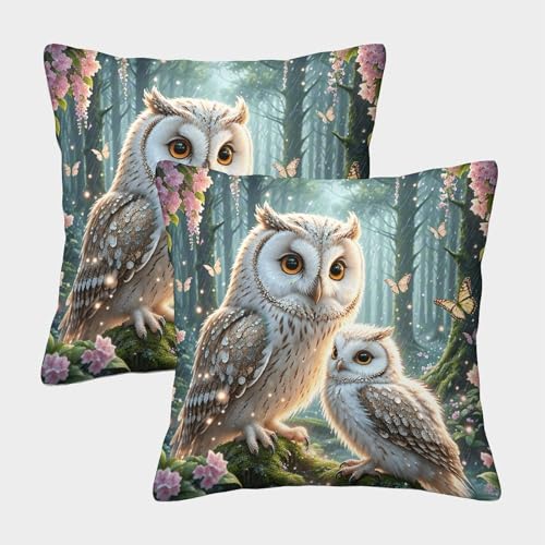Eule Kissenbezug 2er Set Eule Wald Kissenhülle Waschbar Kissen Deko Bezug Für Wohnzimmer Couch Indoor Garten Deko 50x50cm von WXLWHR