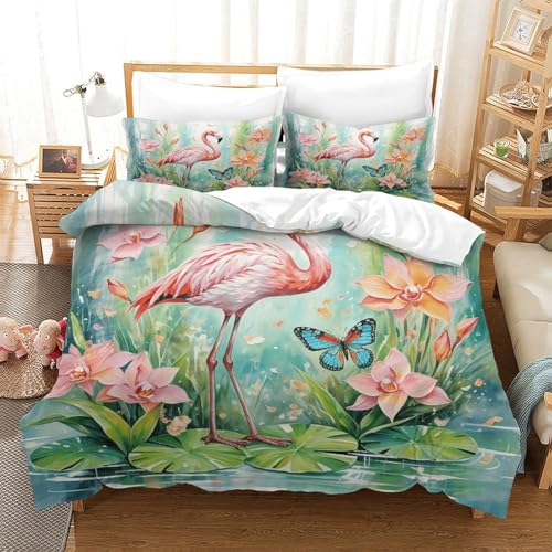 Flamingo Bettbezug-Set Weiche Mikrofaser 3-TLG. Bettwäsche Mit Flamingo Blumen-Design Mit Reißverschluss & Kopfkissenbezug Für Minderjährige Und Erwachsene Super King（260x220cm） von WXLWHR