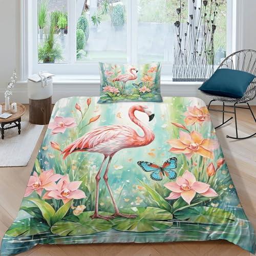 Flamingo Bettbezug-Set Weiche Mikrofaser 3 Teilige Bettwäsche Flamingo Blumen-Design Mit Reißverschluss & Kissenbezüge Für Jugendliche Und Erwachsene Single（135x200cm） von WXLWHR
