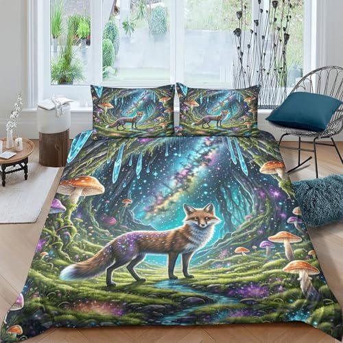 Fuchs Bettbezug-Set Weiche Mikrofaser 3-TLG. Bettwäsche Mit Fuchs Sternenhimmel-Design Mit Reißverschluss & Kissenbezug Für Erwachsene Kinder King（220x240cm） von WXLWHR