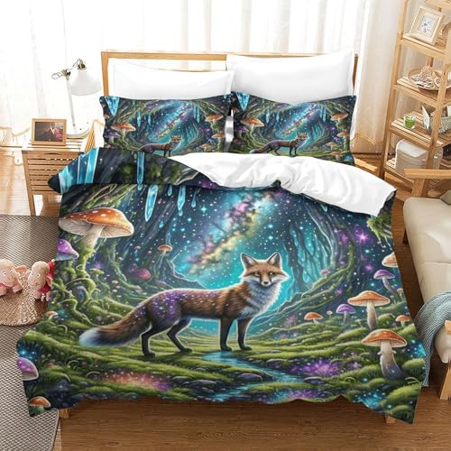 Fuchs Bettbezug-Set Weiche Mikrofaser 3-TLG. Bettwäsche Mit Fuchs Sternenhimmel-Design Mit Reißverschluss & Kopfkissenbezug Für Junge Und Mädchen Single（140x200cm） von WXLWHR