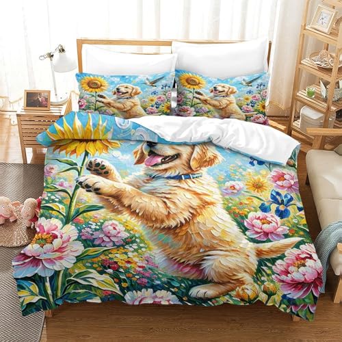 Golden Retriever Bettbezug-Set Weiche Mikrofaser 3-TLG. Bettwäsche Mit Golden Retriever Blumen-Design Mit Reißverschluss & Kissenbezug Für Erwachsene Kinder Single（140x200cm） von WXLWHR