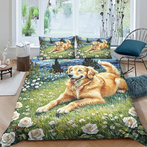 Golden Retriever Bettbezug-Set Weiche Mikrofaser 3-TLG. Bettwäsche Mit Hund Weiße Rose Gras-Design Mit Reißverschluss & Kopfkissenbezug Für Minderjährige Und Erwachsene King（220x240cm） von WXLWHR