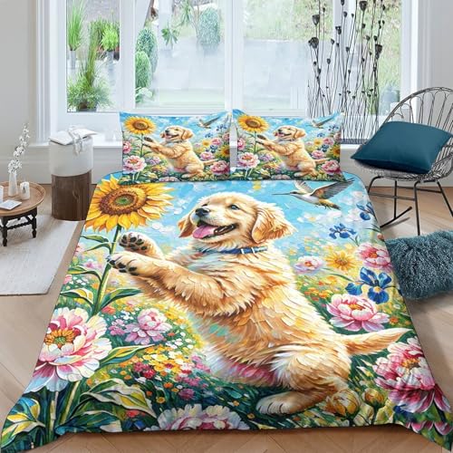 Golden Retriever Bettbezug-Set Weiche Mikrofaser 3 Teilige Bettwäsche Golden Retriever Blumen-Design Mit Reißverschluss & Kissenbezüge Für Jugendliche Und Erwachsene King（220x240cm） von WXLWHR