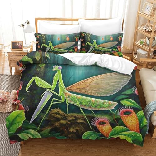Gottesanbeterin Bettbezug-Set Weiche Mikrofaser 3 Teilige Bettwäsche Gottesanbeterin Regenwald-Design Mit Reißverschluss & Kissenbezug Für Minderjährige Und Erwachsene Single（140x200cm） von WXLWHR