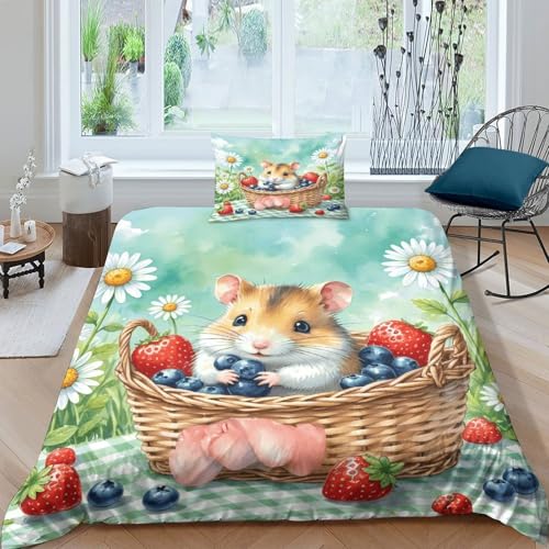 Hamster Bettbezug-Set Weiche Mikrofaser 3 Teilige Bettwäsche Hamster Obstkorb-Design Mit Reißverschluss & Kissenbezug Für Jugendliche Und Erwachsene Single（135x200cm） von WXLWHR