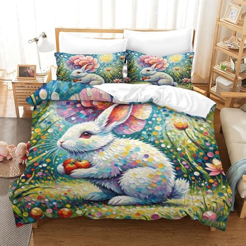 Hase Bettbezug-Set Weiche Mikrofaser 3-TLG. Bettwäsche Mit Hase Blumen-Design Mit Reißverschluss & Kissenbezug Für Erwachsene Kinder Single（140x200cm） von WXLWHR