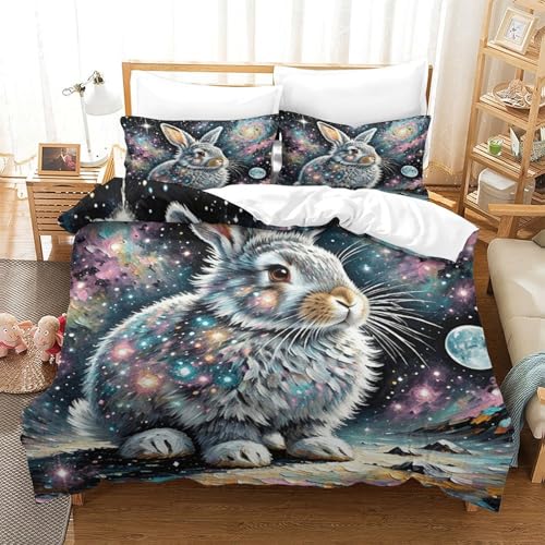 Hase Bettbezug-Set Weiche Mikrofaser 3-TLG. Bettwäsche Mit Hase Nebel-Design Mit Reißverschluss & Kissenbezug Für Jugendliche Und Erwachsene Single（140x200cm） von WXLWHR