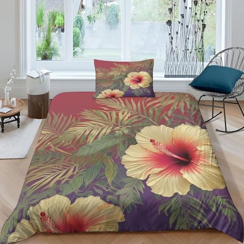 Hibiskus Bettbezug-Set Weiche Mikrofaser Bettwäsche-Set Mit Große Hibiskus-Design Mit Reißverschluss & Kopfkissenbezug Für Jugendliche Und Erwachsene Single（135x200cm） von WXLWHR