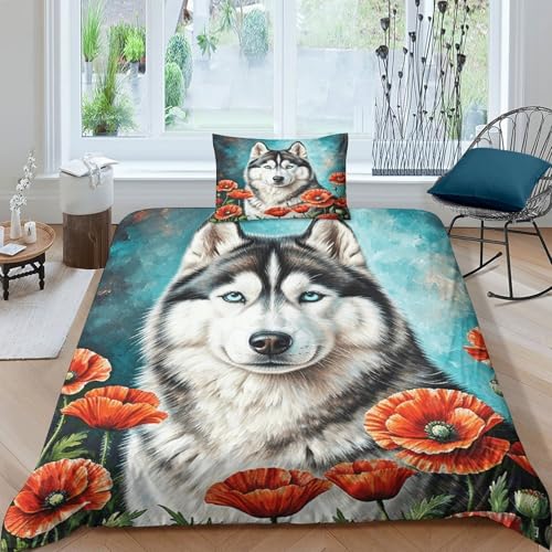 Husky Bettbezug-Set Weiche Mikrofaser 3-TLG. Bettwäsche Mit Husky Blumen-Design Mit Reißverschluss & Kissenbezüge Für Minderjährige Und Erwachsene Single（135x200cm） von WXLWHR