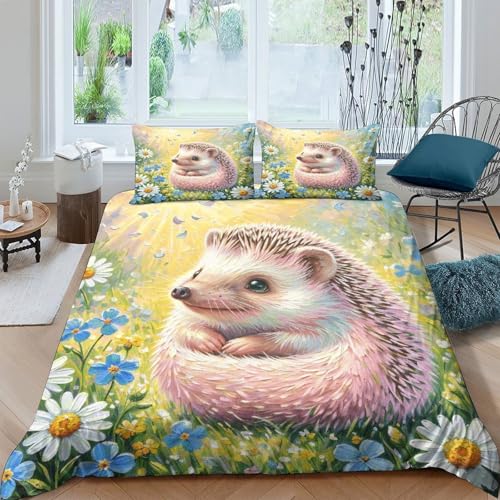 Igel Bettbezug-Set Weiche Mikrofaser 3-TLG. Bettwäsche Mit Igel Blumen-Design Mit Reißverschluss & Kopfkissenbezug Für Minderjährige Und Erwachsene King（220x240cm） von WXLWHR
