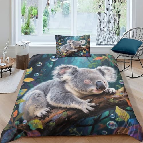 Koala Bettbezug-Set Weiche Mikrofaser Bettwäsche-Set Mit Koalawald-Muster Mit Reißverschluss & Kopfkissenbezug Für Minderjährige Und Erwachsene Single（135x200cm） von WXLWHR