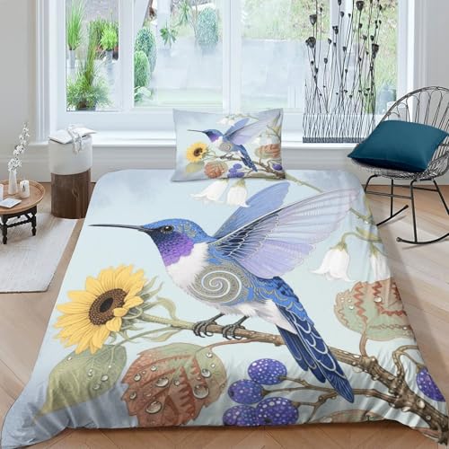 Kolibri Bettbezug-Set Weiche Mikrofaser 3-TLG. Bettwäsche Mit Kolibri Pflanzen-Design Mit Reißverschluss & Kopfkissenbezug Für Minderjährige Und Erwachsene Single（135x200cm） von WXLWHR