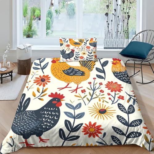Küken Bettbezug-Set Weiche Mikrofaser Bettwäsche 3-TLG. Mit Huhn Pflanzen Blume-Motiv Mit Reißverschluss & Kissenbezüge Für Jugendliche Und Erwachsene Single（135x200cm） von WXLWHR