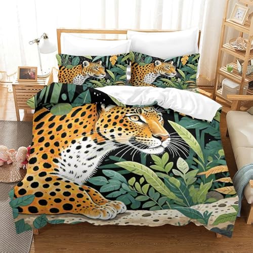 Leopard Bettbezug-Set Weiche Mikrofaser 3 Teilige Bettwäsche Leopard Pflanzen-Design Mit Reißverschluss & Kissenbezug Für Jugendliche Und Erwachsene Single（140x200cm） von WXLWHR