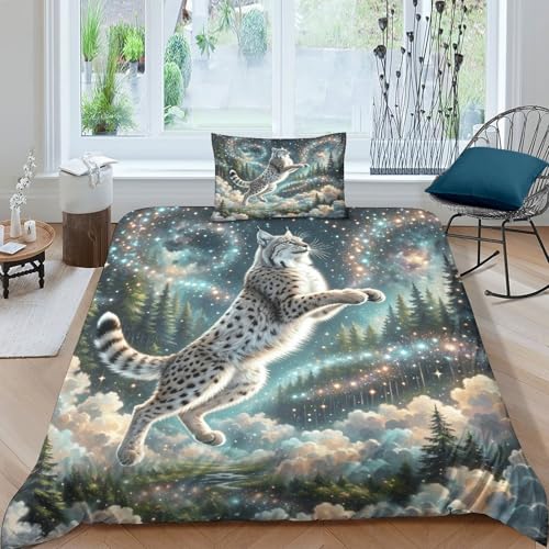 Luchs Bettbezug-Set Weiche Mikrofaser 3 Teilige Bettwäsche Luchs Nebelwald-Design Mit Reißverschluss & Kissenbezüge Für Minderjährige Und Erwachsene Single（135x200cm） von WXLWHR