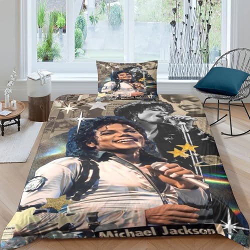 Michael Jackson Bettbezug-Set Weiche Mikrofaser 3 Teilige Bettwäsche Michael Jackson-Design Mit Reißverschluss & Kissenbezüge Für Junge Und Mädchen Single（135x200cm） von WXLWHR