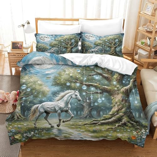 Pferd Bettbezug-Set Weiche Mikrofaser 3-TLG. Bettwäsche Mit Weißes Pferd Wald-Design Mit Reißverschluss & Kopfkissenbezug Für Jugendliche Und Erwachsene Single（140x200cm） von WXLWHR