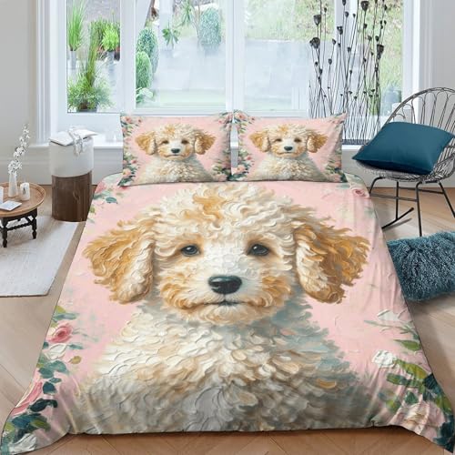 Pudel Bettbezug-Set Weiche Mikrofaser 3 Teilige Bettwäsche Pudel Blumen-Design Mit Reißverschluss & Kopfkissenbezug Für Minderjährige Und Erwachsene Double（200x200cm） von WXLWHR
