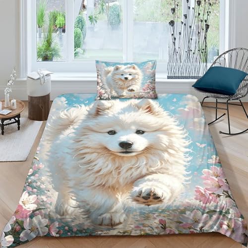 Samojede Bettbezug-Set Weiche Mikrofaser 3-TLG. Bettwäsche Mit Samojede Blumen-Design Mit Reißverschluss & Kopfkissenbezug Für Minderjährige Und Erwachsene Single（135x200cm） von WXLWHR