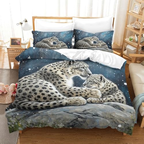 Schneeleopard Bettbezug-Set Weiche Mikrofaser 3-TLG. Bettwäsche Mit SchneeLeopardenjunges-Design Mit Reißverschluss & Kopfkissenbezug Für Minderjährige Und Erwachsene Single（140x200cm） von WXLWHR