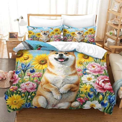Shiba Bettbezug-Set Weiche Mikrofaser 3-TLG. Bettwäsche Mit Shiba Blumen-Design Mit Reißverschluss & Kissenbezug Für Minderjährige Und Erwachsene Single（140x200cm） von WXLWHR