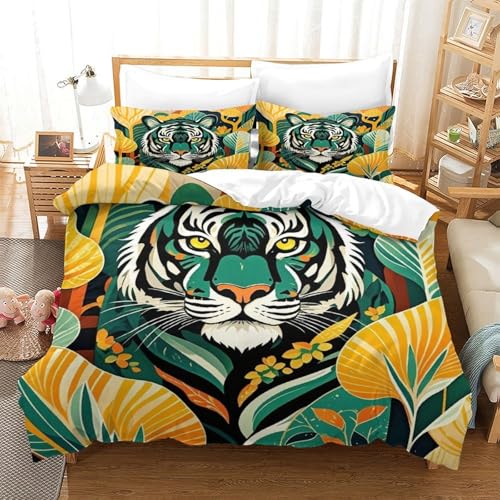 Tiger Bettbezug-Set Weiche Mikrofaser 3 Teilige Bettwäsche Tiger Pflanzen-Design Mit Reißverschluss & Kissenbezug Für Jugendliche Und Erwachsene Single（140x200cm） von WXLWHR