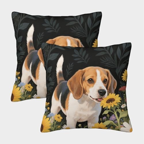 Beagle Kissenbezug 2er Set Beagle Sonnenblume Kissenhülle Waschbar Dekokissen Bezug Für Sofa Schlafzimmer Couch Outdoor Deko 40x40cm von WXLWHR