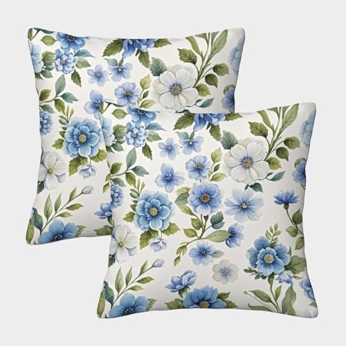 WXLWHR Blumes Kissenbezug 2er Set Blau Weiße Blumen Kissenhülle Polyester Sofakissen Bezug Für Wohnzimmer Couch Indoor Garten Deko 40x40cm von WXLWHR