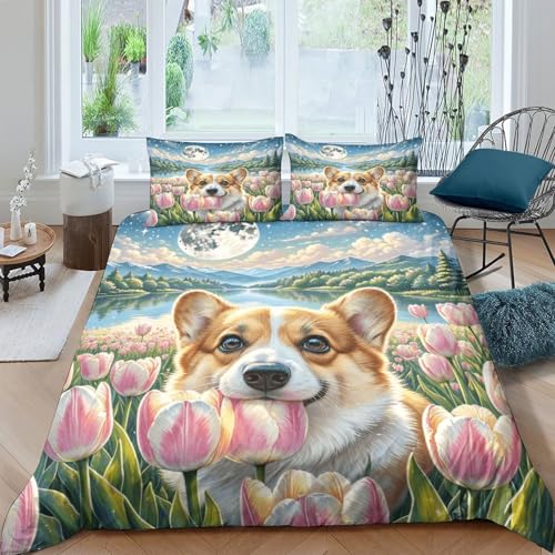 WXLWHR Corgi Bettbezug-Set Weiches Microfaser Bettwäsche-Set Mit Corgi Tulpe-Design Mit Reißverschluss & Kopfkissenbezug Für Junge Und Mädchen Double（200x200cm） von WXLWHR