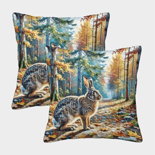 WXLWHR Hase Kissenbezug 2er Set Tiefer Herbstwald Hase Kissenhülle Polyester KuschElchissen Bezug Für Sofa Schlafzimmer Couch Outdoor Dekoration 50x50cm von WXLWHR