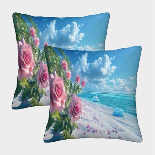 WXLWHR Kissenbezug Rosenstrand am Meer 2er Set Deko Kissen Für Sofa, Zuhause, Garten, Outdoor, Frühling, Dekoration 40x40cm von WXLWHR