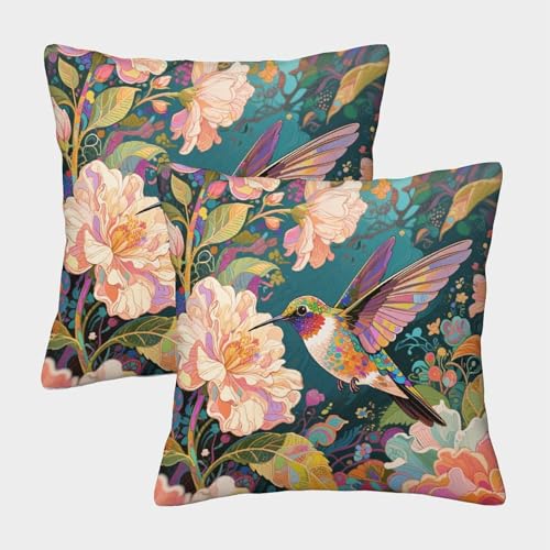 Kolibri Kissenbezug 2er Set Kolibri Üppige Pflanzen Kissenhülle Waschbar Dekokissen Bezug Für Garten Sofa Wohnzimmer Zuhause Dekoration 45x45cm von WXLWHR