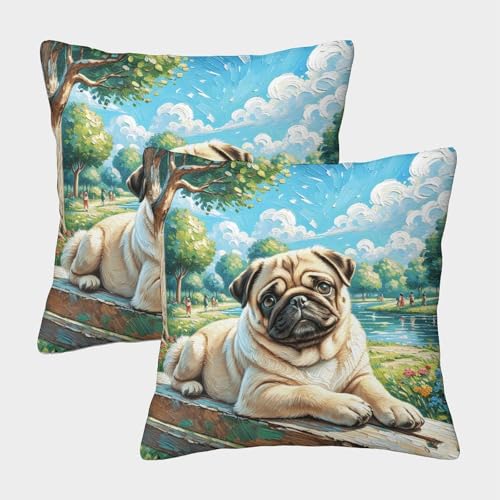 WXLWHR Mops Kissenbezug 2er Set Mops Park Kissenhülle Waschbar Dekokissen Bezug Für Sofa Couch Wohnzimmer Dekoration 40x40cm von WXLWHR