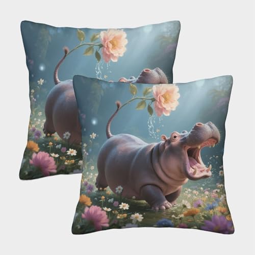 Nilpferd Kissenbezug 2er Set Flusspferdblumen Kissenhülle Waschbar Dekokissen Bezug Für Sofa Zuhause Garten Outdoor Frühling Deko 50x50cm von WXLWHR