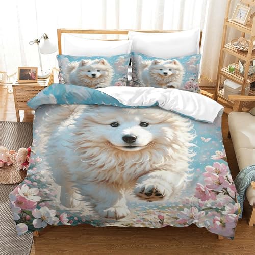 WXLWHR Samojede Bettbezug-Set Weiches Microfaser Bettwäsche-Set Mit Samojede Blumen-Design Mit Reißverschluss & Kopfkissenbezug Für Minderjährige Und Erwachsene Single（140x200cm） von WXLWHR