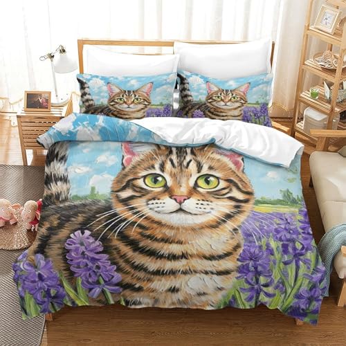 WXLWHR Tabby Bettbezug-Set Weiches Microfaser Bettwäsche-Set Mit Tabby Blumen-Design Mit Reißverschluss & Kopfkissenbezug Für Minderjährige Und Erwachsene Single（140x200cm） von WXLWHR