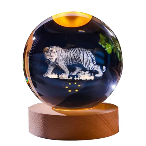 WXMYOZR Chinesischer Zodiac 80mm 3D -Kristallkugel mit Holzbeleuchtung Basis Feng Shui Glas Kugel Chinesisches Neujahrsgeschenk,Tiger von WXMYOZR