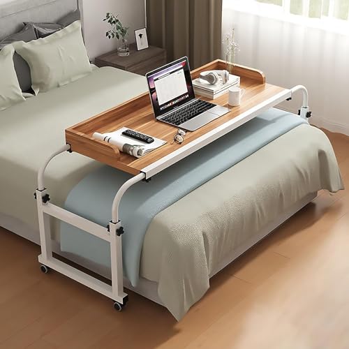 Verstellbarer Betttisch mit Rollen, mobiler King-Queen-Laptoptisch zum Essen im Bett mit Verstellbarer Länge und Höhe (140 cm, braun) von WXQWQX