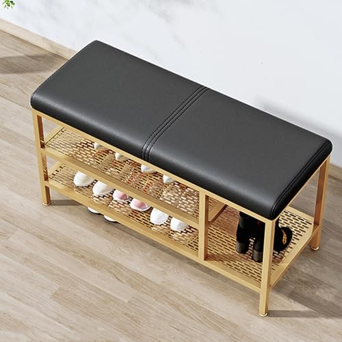 WXQZHF 2 Tier Shoe Storage Bench Organizer with PU Leather Cushioned and Metal Legs, Upholstered Shoe Rack for Entryway Hallway(Black,100 x 32 x 47 cm) von WXQZHF